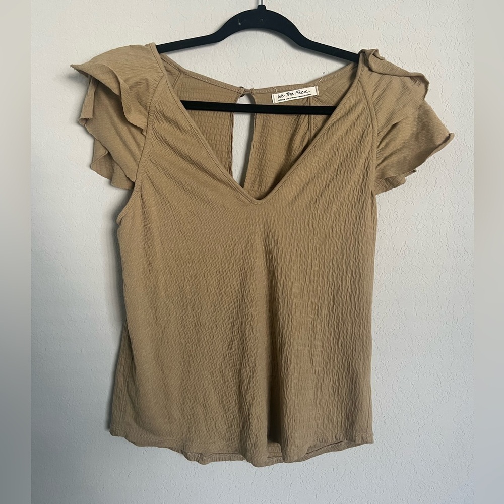 Free People Tan Ruffle Sleeve V-Neck Top